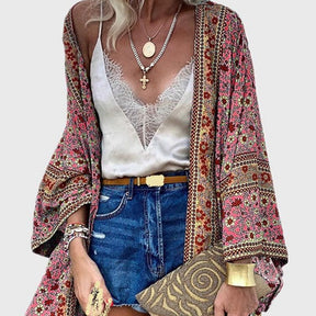 Cardigan Damen Bohemian Floral bedruckte Bluse Vorne offen Lose Strand Tops Vintage Langarm