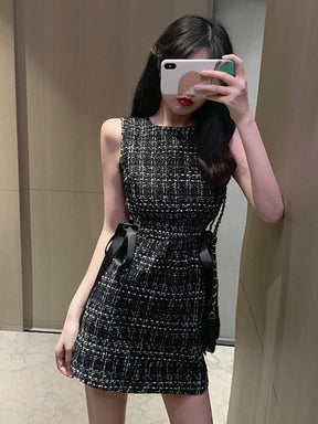 Women Tweed Dress Sleeveless Lace-up Bow O-Neck Plaid Classic Short Dress