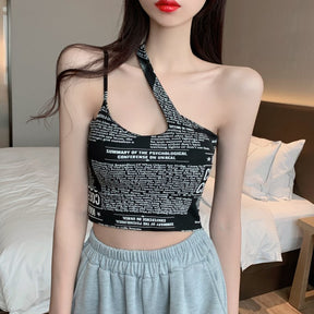 Newspaper Print Camisole Women Slanted Shoulder Hollow Sleeveless Tops Beautiful Back Woman