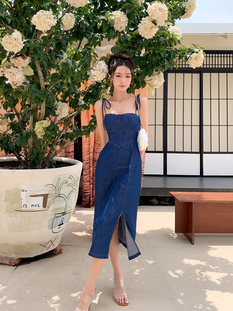 Summer Women Sexy Slip Denim Dress Strapless Lace-up High Waist Dress