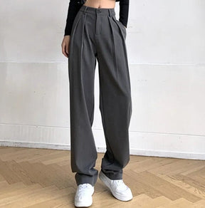 Long Suit Pants High Waist Button Women Wide Leg Trousers