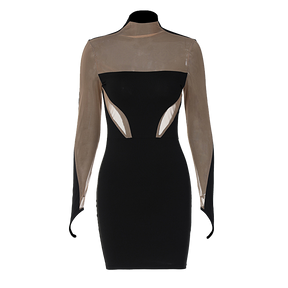 Long Sleeve Patchwork Mesh See Through Sexy Bodycon Mini Dress Evening Clothes