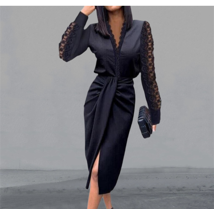 Dress Women Popular Sexy Dress V-neck Lace Long Sleeve Black Elegant Party Dresses