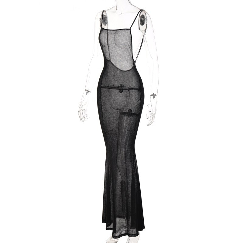 Slip senza maniche Backless See Through Maxi Dress Sexy Skinny Streetwear