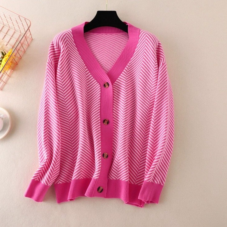 V-neck Striped Cardigans Sweaters Long Sleeve Loose Knitted Open Stitch Outwear