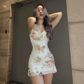 Floral Print Women Mesh Strap Mini Dress Ruched Bodycon Sexy Streetwear Summer Clothes