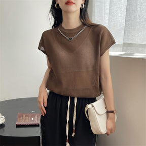 Hollow T-shirt Chain Women Summer New Solid Color Short Sleeve Knitted Tops Female 2022