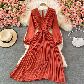 Slim Dress Elegant A Line V Neck Puff Sleeve Chiffon Pullover Mid-Calf Dresses