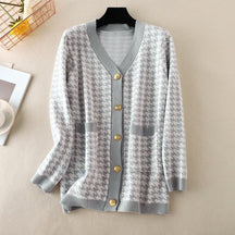 V-neck Striped Cardigans Sweaters Long Sleeve Loose Knitted Open Stitch Outwear