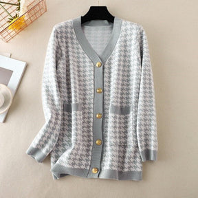 V-neck Striped Cardigans Sweaters Long Sleeve Loose Knitted Open Stitch Outwear