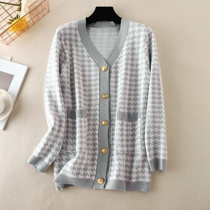 V-neck Striped Cardigans Sweaters Long Sleeve Loose Knitted Open Stitch Outwear