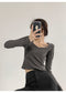 Fishbone Pattern Women's Long Sleeve T-shirt High Waist Slim Square Collar Tops Woman