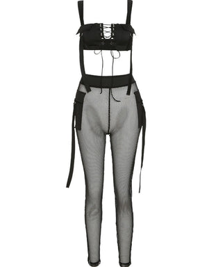 See Through Mesh Crop Top and Trousers Two Piece Set Casual Streetwear 2022