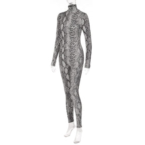 Snake Print Turtleneck Long Sleeve Zip Up Sexy Bodycon Jumpsuit Streetwear