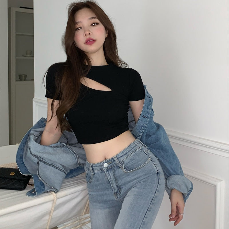 T Shirt Women Summer Hollow Crewneck Cropped Tops Irregular Tight Fitting Short Sleeve