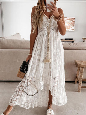 Frauen Kleid Strand Stil elegante weiße Spitze Spaghetti Srap Sommerkleid weiblich aushöhlen Boho