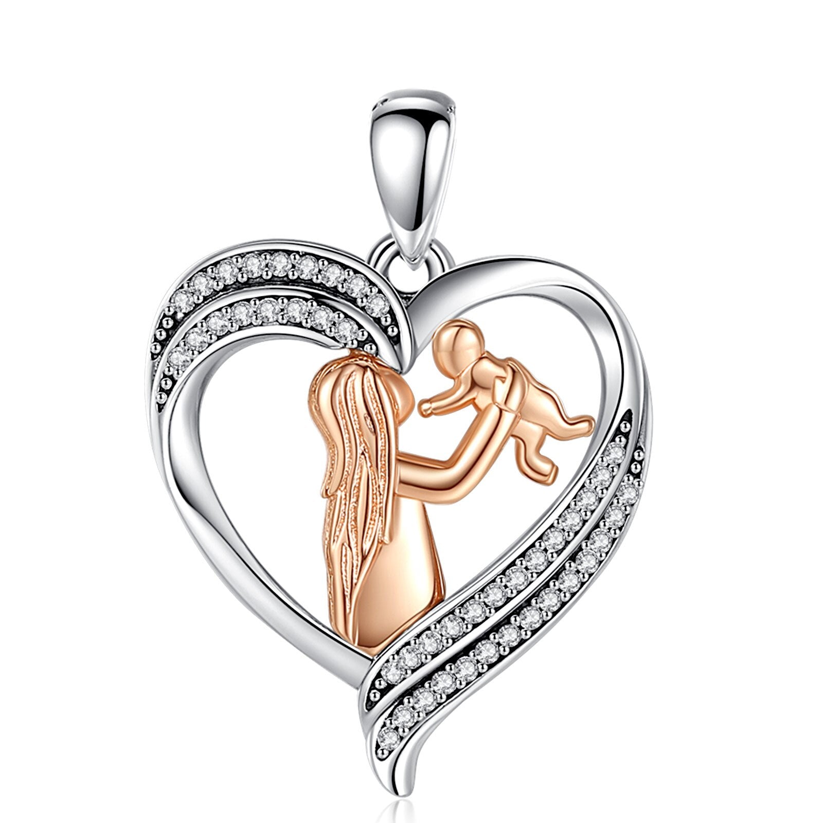 Mother and Baby Necklace Rose Gold Paved-Crystal Heart Pendant Jewelry Mother's Day Gift for Women