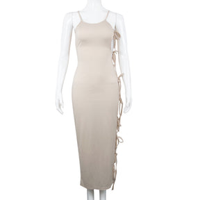 Side Hollow Out Bandage Long Dress Streetwear Beige Lace-up Sapghetti Strap Vestito