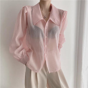 See Through Button Down Shirts Women New Loose Long Sleeve Blouse Female 2022 Summer Suncreen Tops