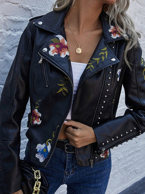 Floral Print Embroidery Faux Soft Leather Jacket Women Pu Motorcycle Coat