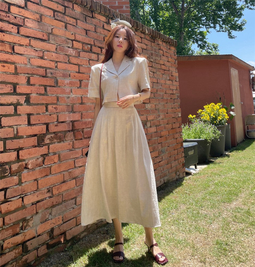 Cotton Linen Skirt 2 Two Piece Sets Outfits Female Short Sleeve Blazer Suits with High Waist