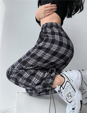 Plaid Pants Women High Waist Drawstring Loose Straight Baggy Pants 2022 Spring and Summer