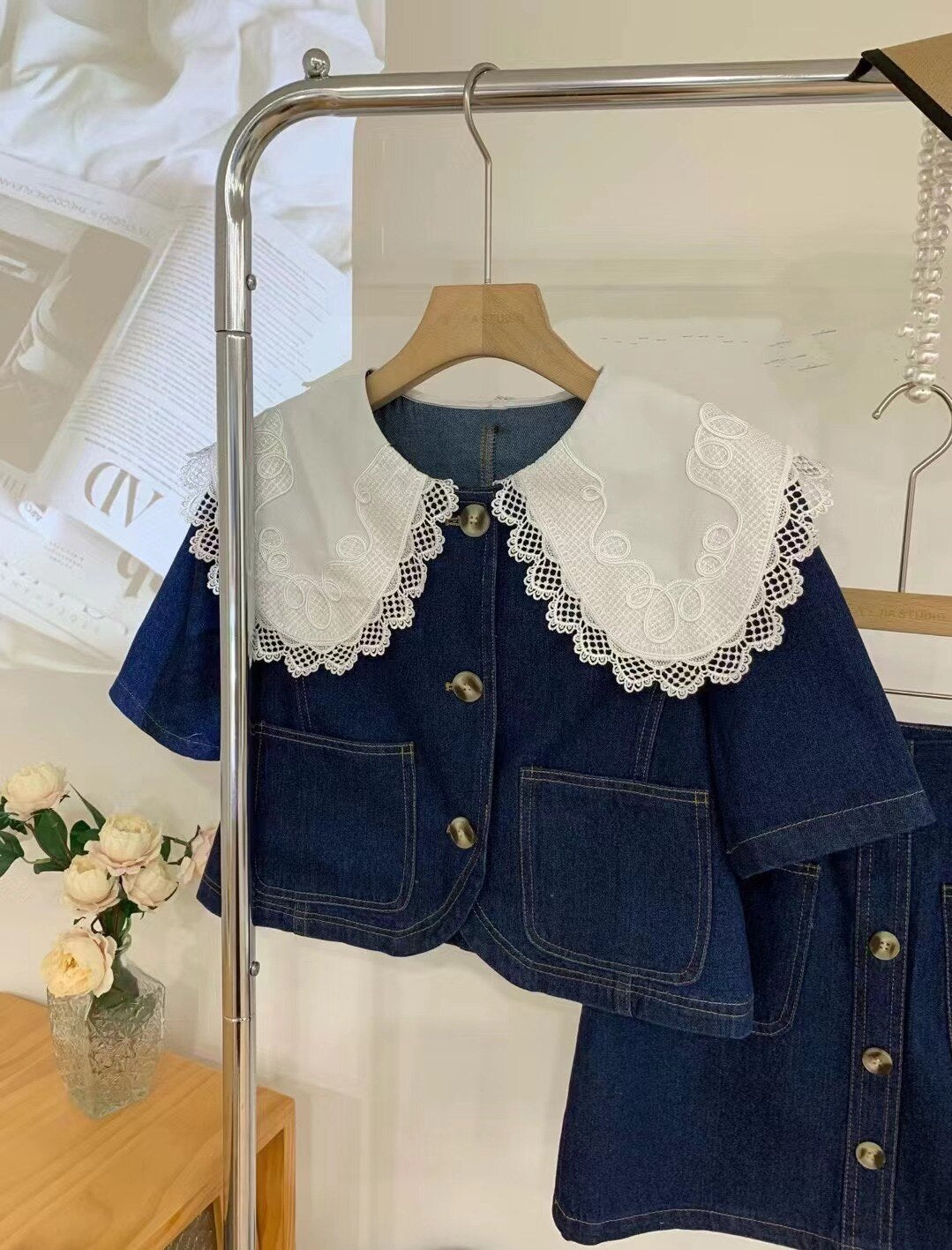 Abito estivo dolce in denim con colletto Peter Pan in pizzo Top monopetto + gonne a trapezio a vita alta