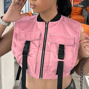 Frauen Ärmellose Taschen Schnalle Reißverschluss Sexy Cropped Jacke Weste Top 2022 Frühling Harajuku Party