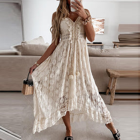 Frauen Kleid Strand Stil elegante weiße Spitze Spaghetti Srap Sommerkleid weiblich aushöhlen Boho