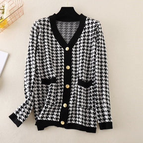 V-neck Striped Cardigans Sweaters Long Sleeve Loose Knitted Open Stitch Outwear