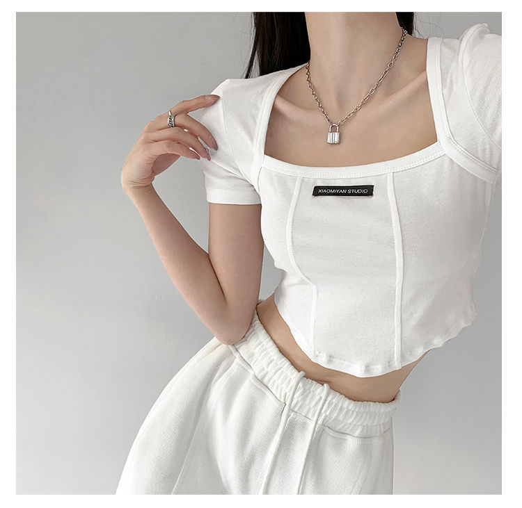 Curved Crop Tops Women Summer Square Collar Short Sleeve T-Shirt Fashion Slim Woman