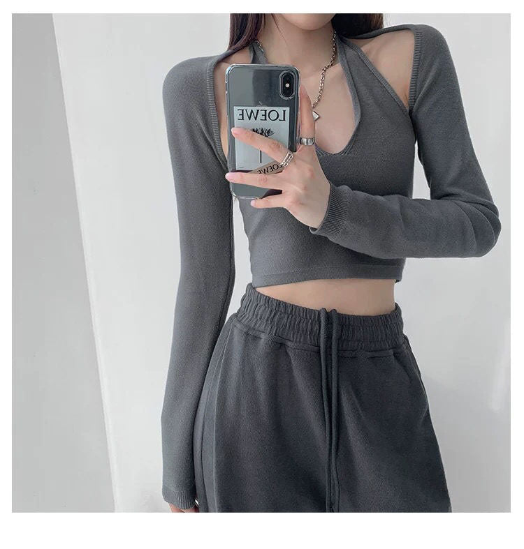 Y2K T-shirt Two Piece Women Long Sleeve Smock+Knitted Halterneck Camis Skinny Cropped Tops Woman