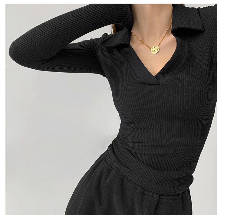 Maglietta da donna sexy con scollo a V Slim Fitness Polo a maniche lunghe da donna Top corto a vita alta