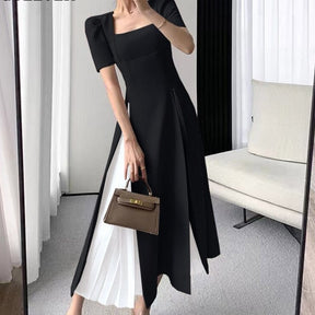 Vintage Square Collar Mid-Length Dress Elegant Short Sleeve Slim Waist Mesh