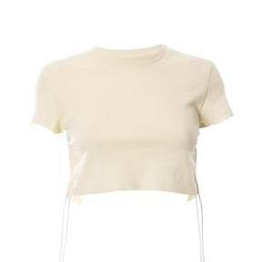 Sexy O Neck Split Ribbons Cropped T-Shirts Women Ribbed Knit Short Sleeve Slim Tshirts 2022 Summer