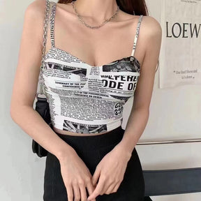 Newspaper Print Camisole Women Slanted Shoulder Hollow Sleeveless Tops Beautiful Back Woman