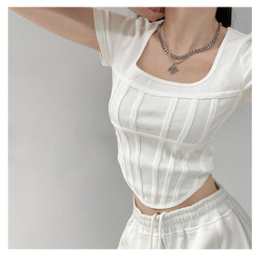 Summer Bright Line White T-shirt Women Slim Square Neck Short Sleeve Cropped Tops Female