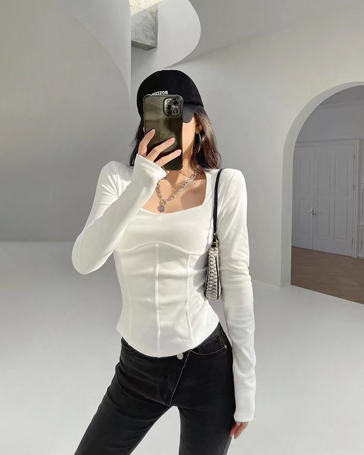 High Waist Cropped Tops Women Fashion Square Neck Long Sleeve T-Shirt Slim Basic Y2K Tees