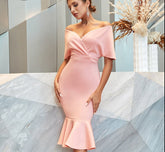 Abito a sirena rosa Vestidos Summer Sexy Off spalla Elegante sera