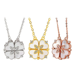 Magnetic Folding Heart Shaped Four Leaf Clover Pendant Necklace