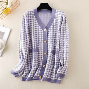 V-neck Striped Cardigans Sweaters Long Sleeve Loose Knitted Open Stitch Outwear