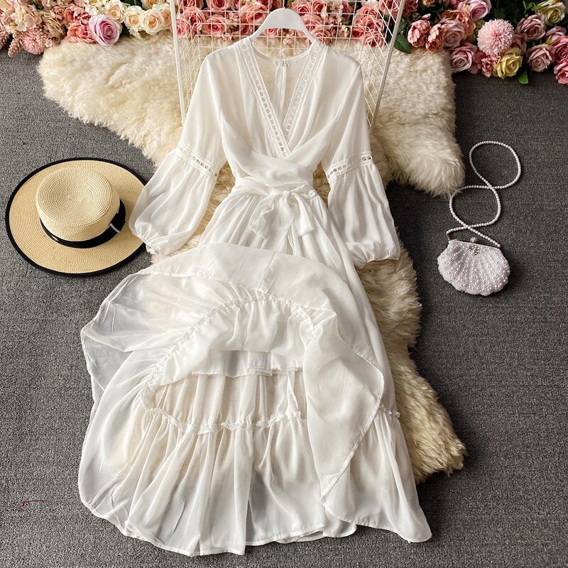 Beach Holiday Style Dress Women Elegant V-neck Lace-up High Waist Dress