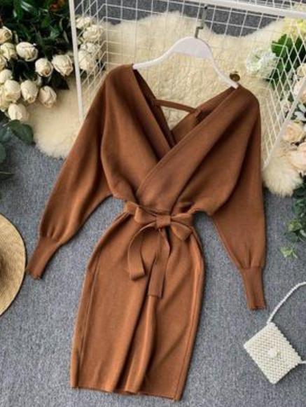 Autumn Women Sexy Elegant Knitted Dress Backless V Neck Sash Tie Up High Waist Dresses