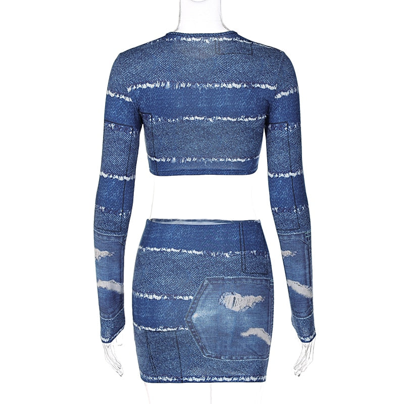 Print O Neck Long Sleeve Vintage Sexy Crop Top Patchwork Skirt 2 Pcs Set