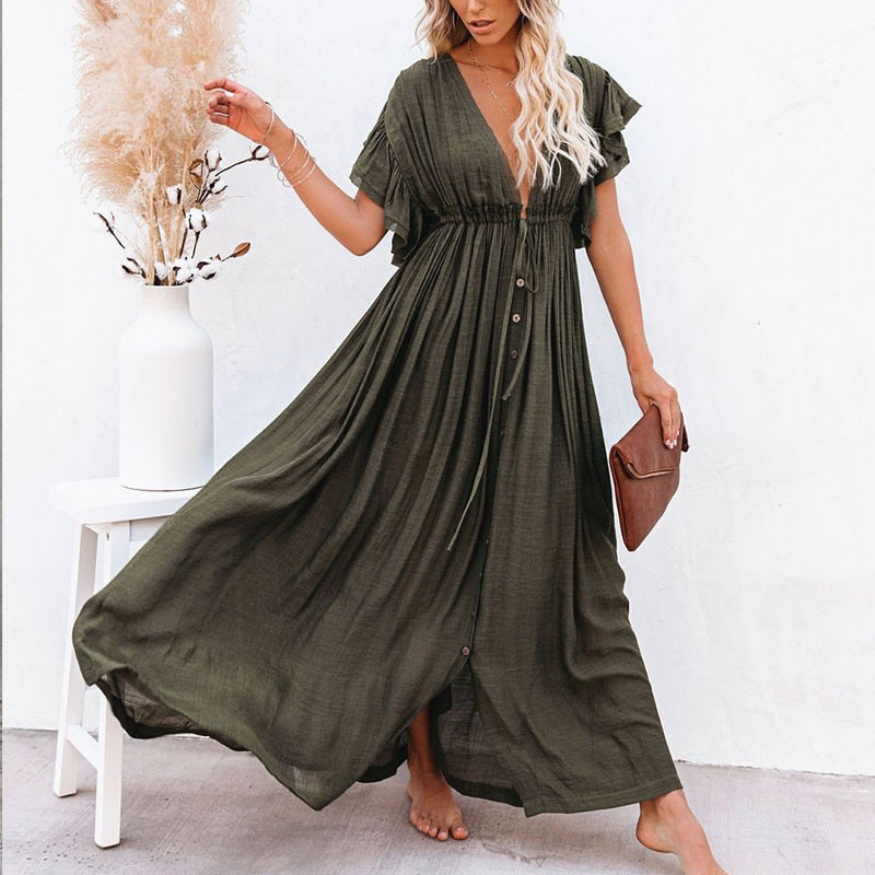 Maxi abito da spiaggia estivo da donna Boho lungo bikini copre abiti casual con scollo a V a vita alta