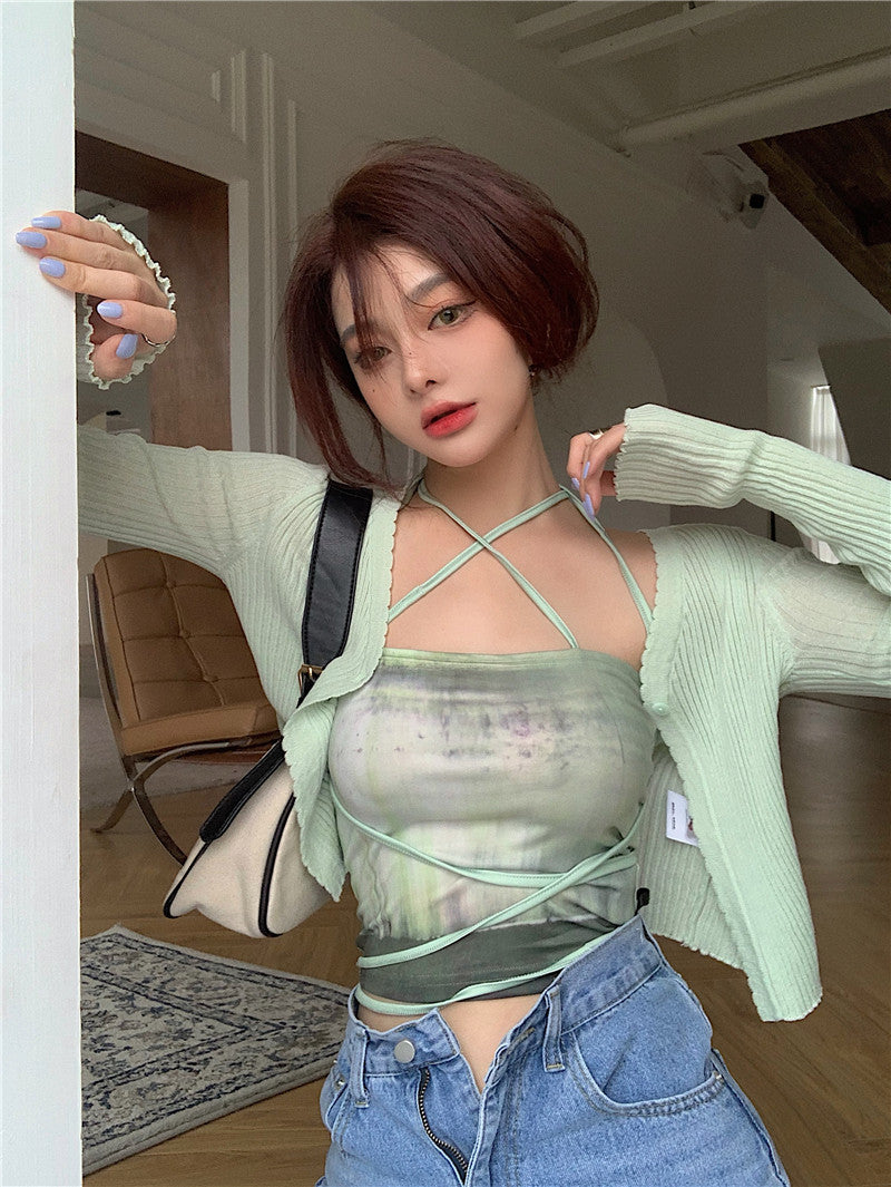 Summer Cardigan Two Piece Sets Women Fashion Slim Green Tie-dye Tops+See Through Thin Knitted