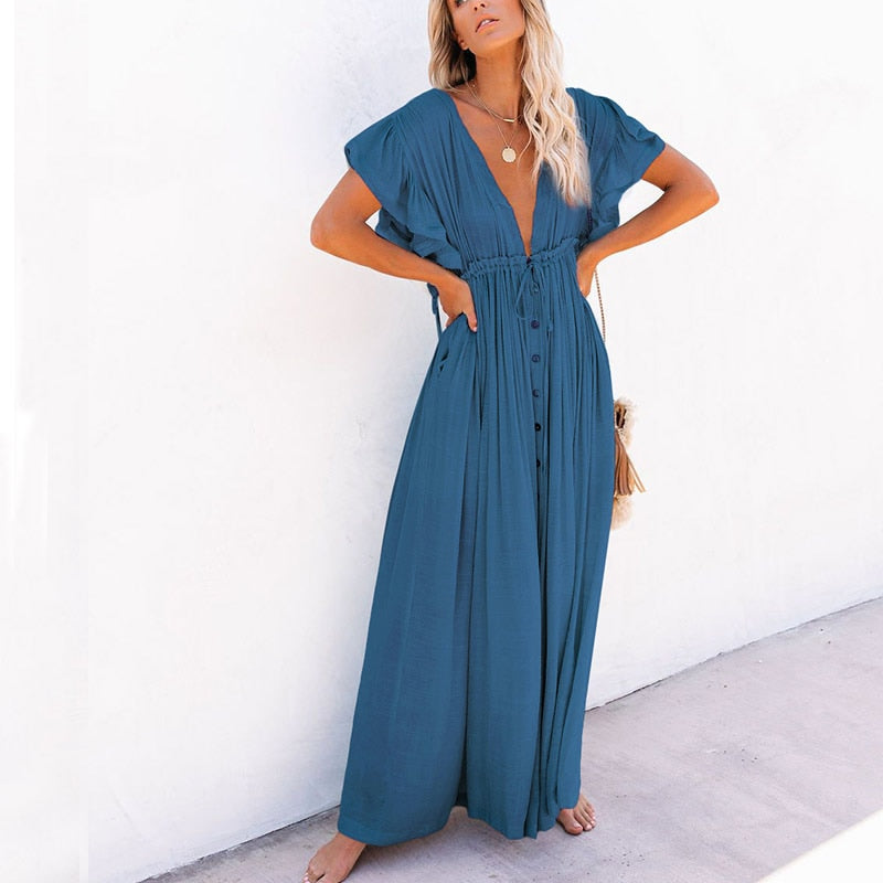 Summer Beach Maxi Dress Women Boho Long Bikini Cover Up High Waist Casual V-Neck Dresses