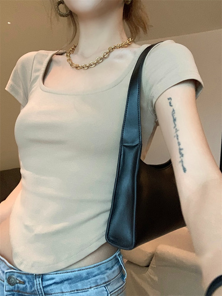 Pure Color Slim Short Sleeve Tees Women 2022 Summer Y2k Crop Fashion Sexy Blouse