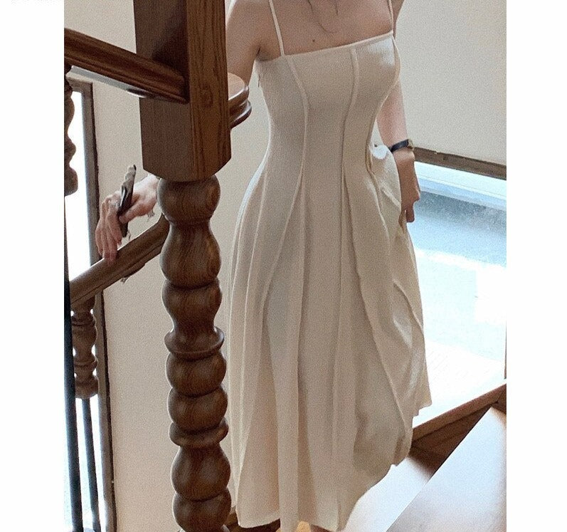 Vintage Spaghetti Strap A-line Dress Summer Slim Waist  Sleeveless Mid-Length vestidos