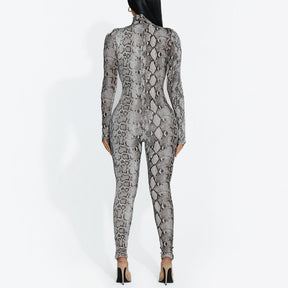 Snake Print Turtleneck Long Sleeve Zip Up Sexy Bodycon Jumpsuit Streetwear